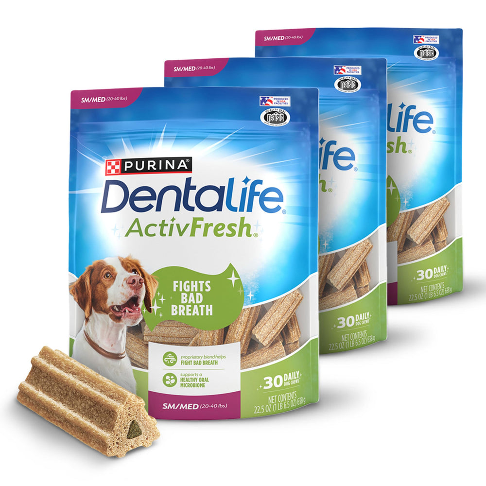 Dentalife ActivFresh pack three dog chews designed for small to medium dogs.