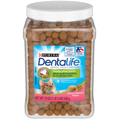 Dentalife Savory Salmon cat treats canister front view shows flavor and dental-care design