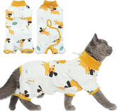 DENTRUN cat surgery recovery suit on cat provides gentle post-surgery protection with comfortable fit.