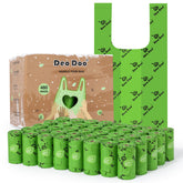 Deo Doo dog poop bags rolls with handles packaged for quick grab-and-go walks.