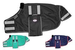 Derby Originals reflective foal blanket in turnout, enhances visibility for safety.