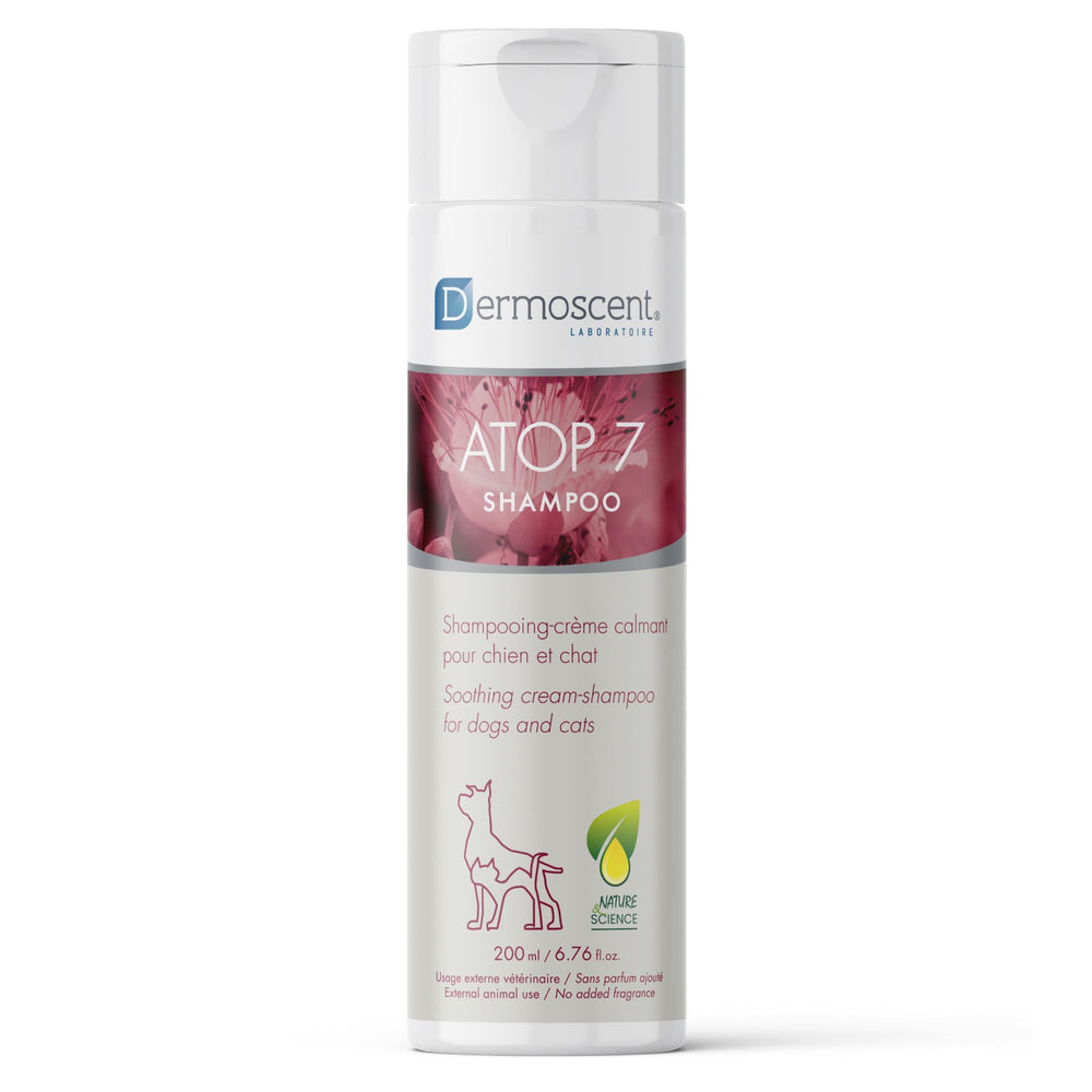 Dermoscent ATOP 7 Shampoo bottle hero shows fragrance-free formula for sensitive skin