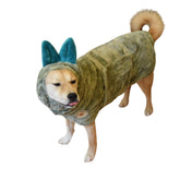 DERPYCHAPPY Olive XL dog towel robe worn after bath for fast-drying comfort.
