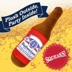design LAB, Inc. Budweiser beer bottle toy squeaker boosts interactive playtime.
