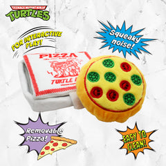 design LAB, Inc. TMNT pizza box open reveal shows squeaker for engaging fetch and playful training.