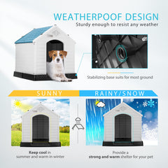 DEStar dog house elevated base protects from dirt and cold ground.