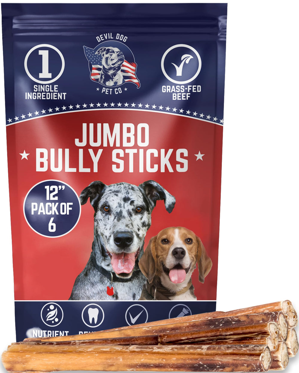 Devil Dog Pet Co jumbo bully sticks 12in pack front view durable long-lasting chew for dogs