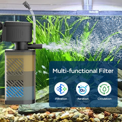 Devopet aquarium filter's submersible motor keeps operation quiet and safely submerged for reliable filtration.