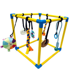 Dewonch Puppy Play Gym front view with eight hanging toys for enrichment.