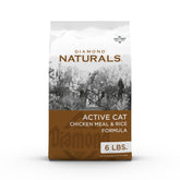 Diamond Naturals Active Cat bowl serving shows protein-rich kibble for active cats’ energy.