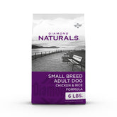 Diamond Naturals small-breed chicken and rice dry food bag showing quality ingredients for daily meals.