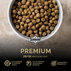 Diamond Premium meal being served showing balanced nutrition for active dogs