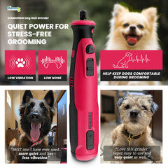 Diamondg cordless dog nail grinder operates quietly to reduce stress.
