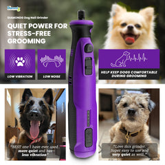 Diamondg cordless dog nail grinder operates quietly to reduce dog stress during grooming