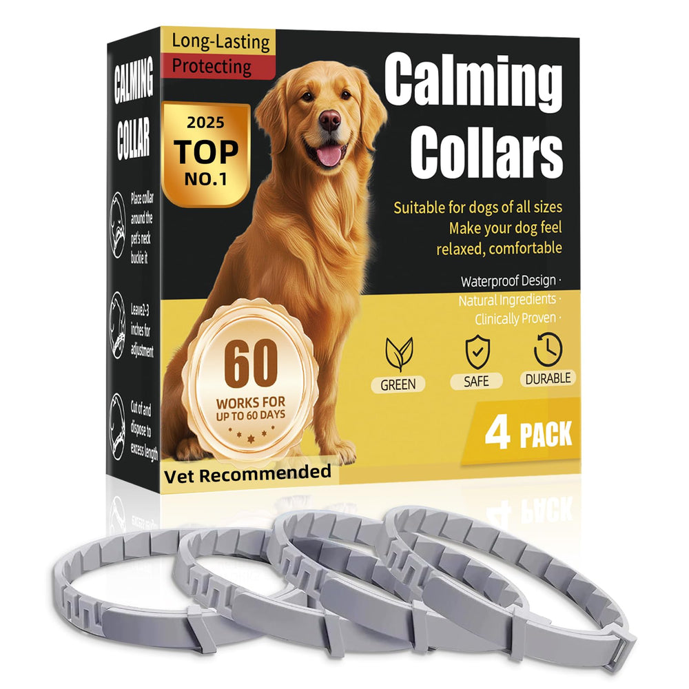 Die-matic calming collar packaging image shows convenient 4-pack for travel and storage