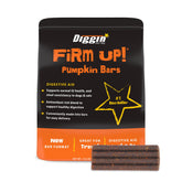 Diggin' Your Dog Firm Up Bars packaging highlights USA-made pumpkin powder for digestive support.