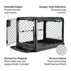 Diggs Revol crate with wheels demonstrates effortless movement between rooms or a car.