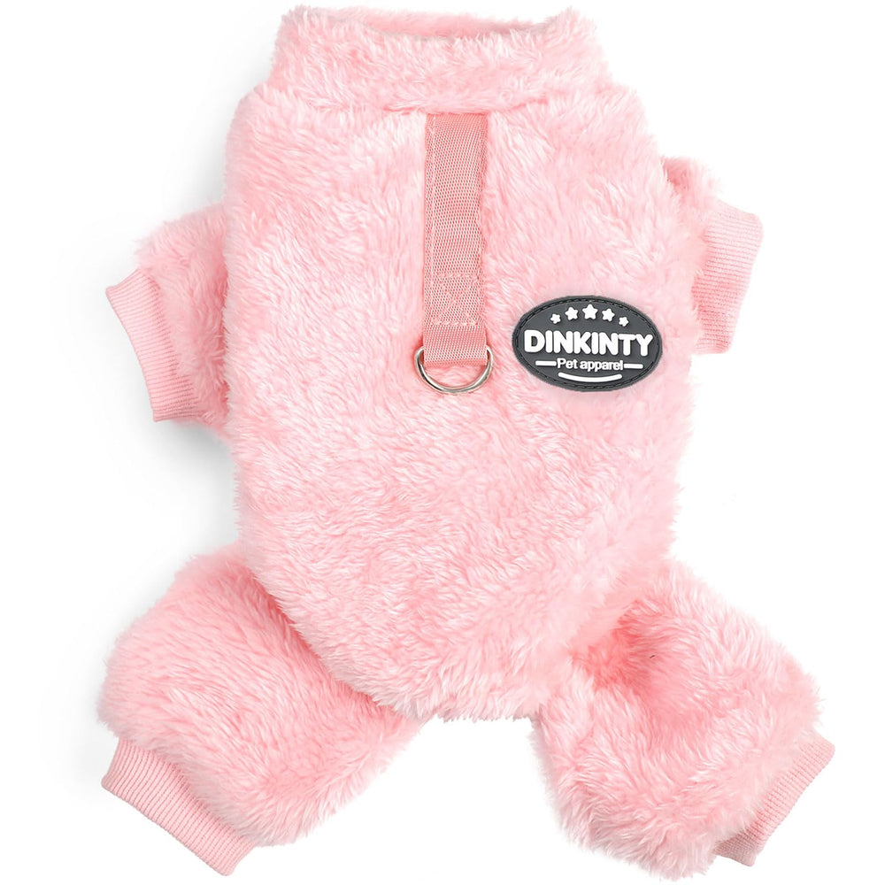 Dinkinty dog sweater pink front view highlights cozy fleece warmth for small dogs.