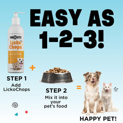 Dinovite Lickochops dog meal mixing photo illustrates easy integration.