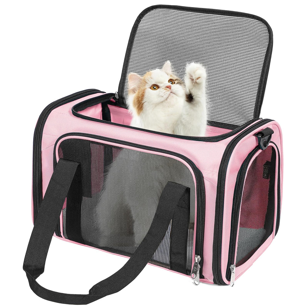 Discala pink under-seat cat dog carrier fits many airlines.