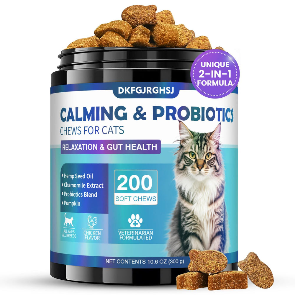 DKFGJRGHSJ Cat Calming Treats packaging with 200 soft chews for daily use