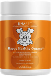 DNA PET Happy Healthy Organs bottle shows the multi-organ blend for dogs.