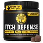 Doc Itchy dog allergy chews packaging shows resealable jar for simple daily dosing.