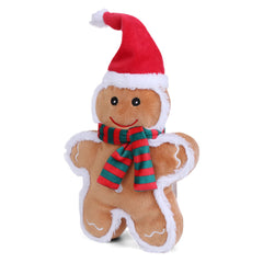 DODODOLA gingerbread man squeaky toy closeup—soft plush for playful dogs