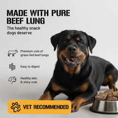 Dog Chits Beef Lung Fillets air-dried natural treats shown in a wooden bowl for daily rewards.
