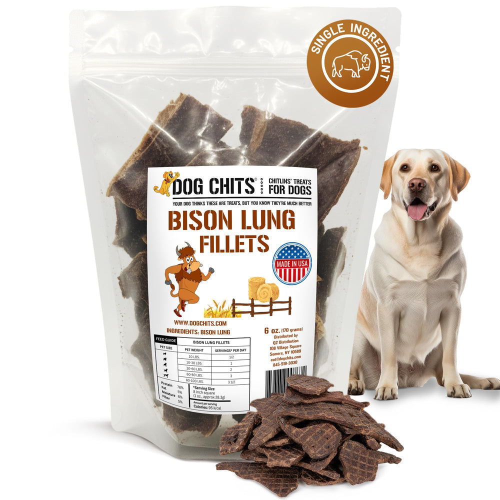 Dog Chits bison lung fillets front label shows all-natural protein snack for training rewards.