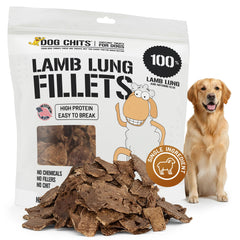 Dog Chits Lamb Lung Fillets bag-10oz shows a high-protein training reward.