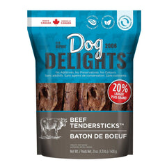 Dog Delights Beef Tendersticks packshot highlights 100% beef for wholesome rewards.