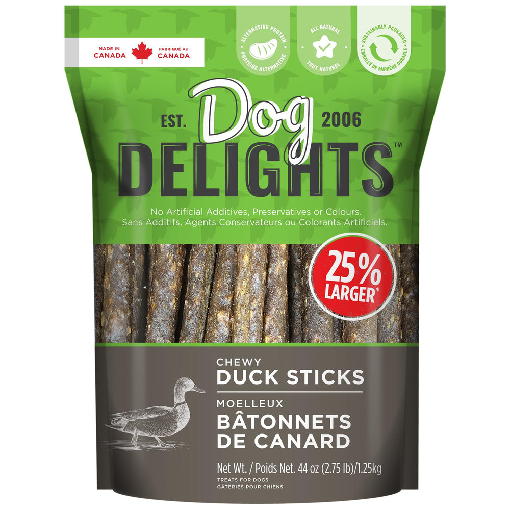 Dog Delights Chewy Duck Sticks packaging highlights value and easy-storage for trainers.