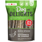 Dog Delights Chewy Duck Sticks packaging highlights value and easy-storage for trainers.