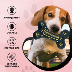 Dog Diggin Designs Runway Pup applique plush showcases bold logos for stylish flair.