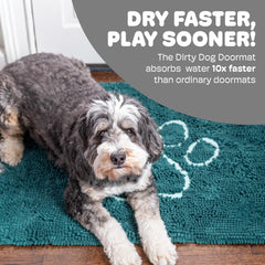 Dog Gone Smart Dirty Dog Doormat rapid-drying graphic demonstrates five-times faster moisture evaporation.