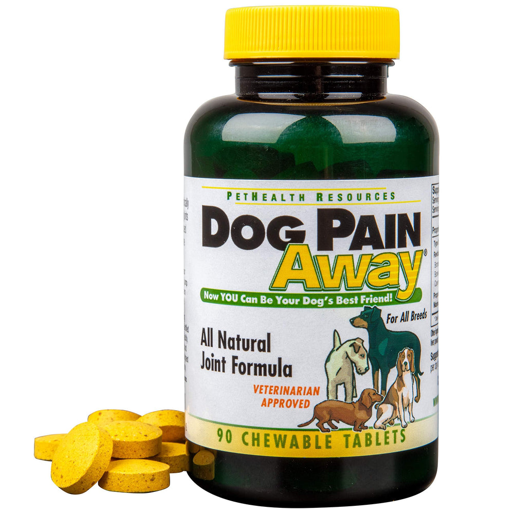 Dog Pain Away bottle closeup highlights natural joint support for dogs.