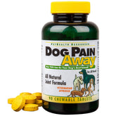Dog Pain Away bottle closeup highlights natural joint support for dogs.