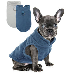 Dog sweater back view shows leash ring for easy outdoor walks.