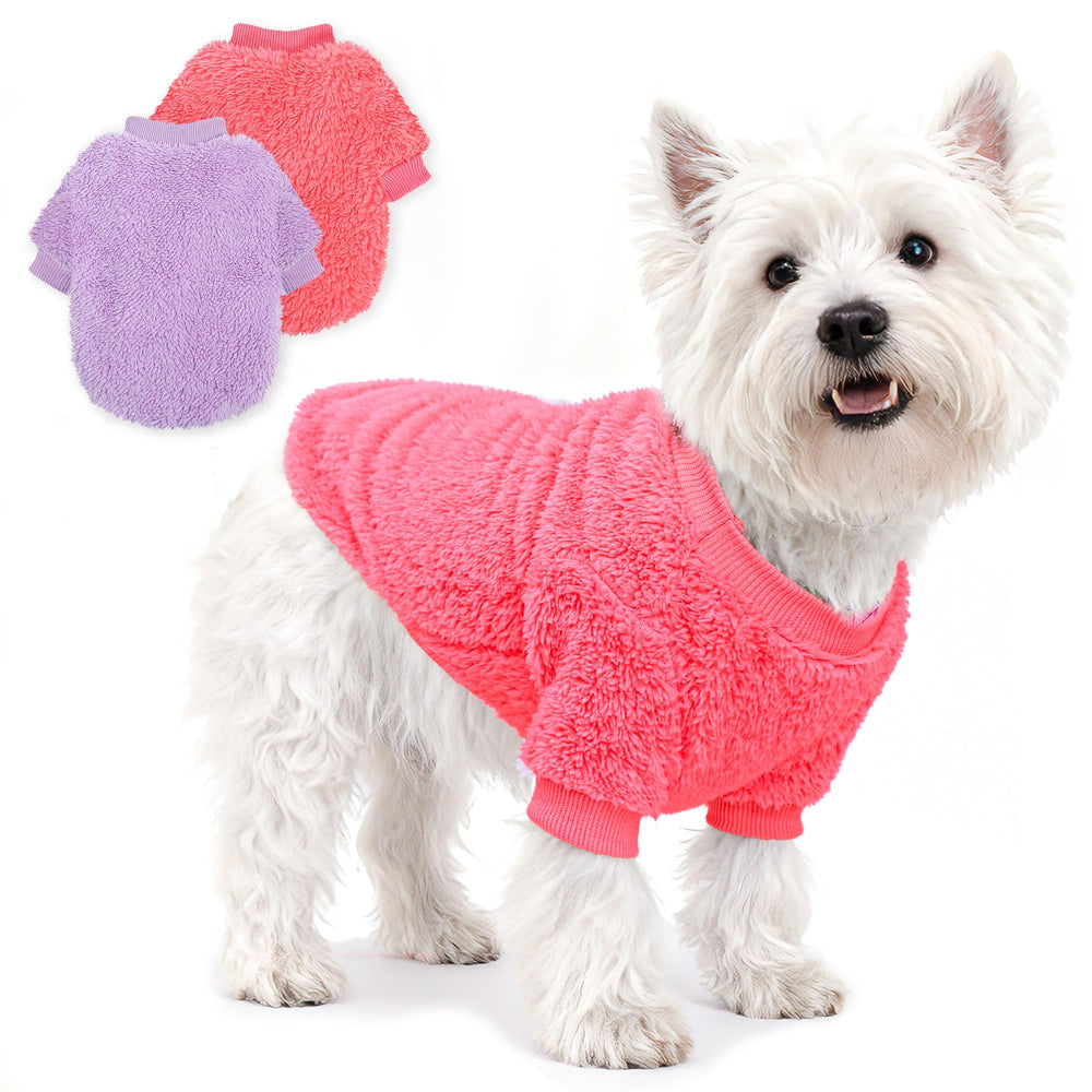 Dog Sweaters Two-Pack Pink Purple Front View; keeps small dogs warm on chilly walks.