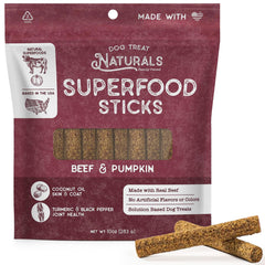 Dog Treat Naturals beef-pumpkin superfood sticks packaging highlights USA-made premium training treat.