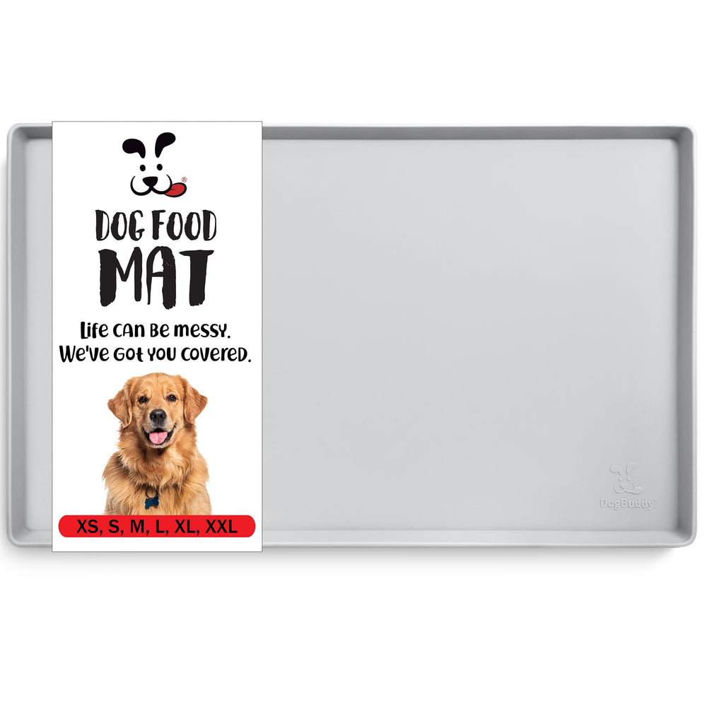 DogBuddy waterproof dog food mat displaying spill containment under bowls.
