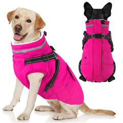 Dogcheer dog coat with harness pink front view shows secure leash connection.