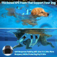 Dogcheer dog life jacket shows double rescue handles for quick lifting from water.