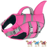 Dogcheer shark-fin dog life jacket pink enhances visibility during water play.