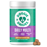 Doggie Dailies 5 in 1 soft chews bottle highlights peanut butter flavor and health support.