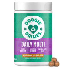 Doggie Dailies 5 in 1 soft chews bottle highlights peanut butter flavor and health support.