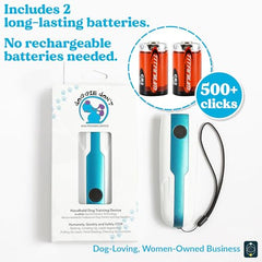 Doggie Don’t anti barking device battery-pack image emphasizes replaceable batteries powering extended sessions