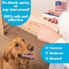 Doggie Don’t anti barking device side view highlights compact handheld design for quick training on hikes