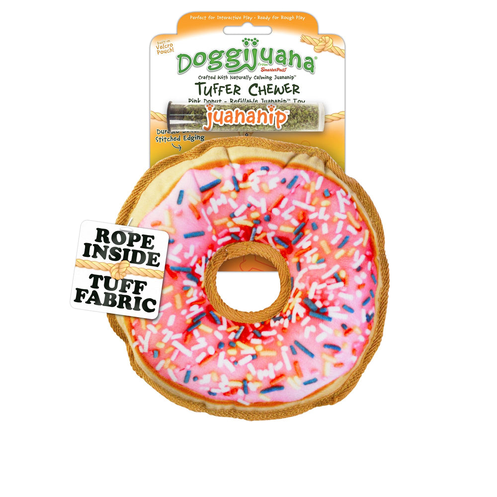 Doggijuana Tuffer Chewer donut-toy demonstrates durable plush design for chewing